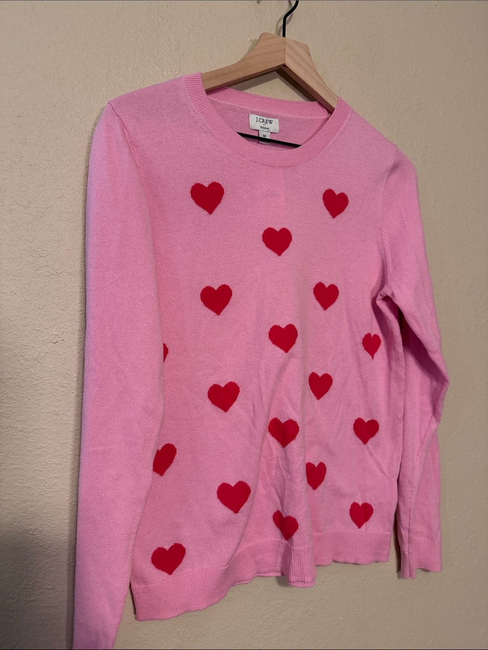 J.Crew‎ Teddie Pink Red Heart Intarsia Cotton Crewneck Sweater Size Medium NWT - Picture 4 of 8